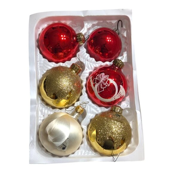 Danson Decor 6 Pc Glass Ornaments Red Gold Glitter Hand Decorated Mexico - Picture 2 of 6